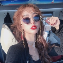 ins Super fire glasses retro box polygon Net red sun glasses women with chain Street shooting sunglasses Korean version of tide