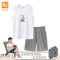 (Lifestyle) Mens Summer Pajamas 2021 New Printed Cotton Loungewear Set Sleeveless Home Wear