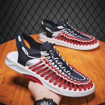 Hon Star Red Stark Handmade sandals Mens summer breathable Outer wear Woven Baotou Genuine Leather Beach Cave slippers