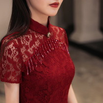 Cheongsam toast dress The bride can usually wear summer wine red wedding engagement back door dress Dress thin section
