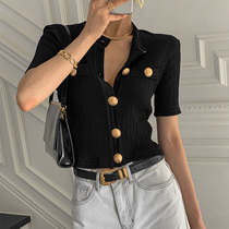  2021 summer new chic noble sexy top ins super fire heavy industry metal button socialite knitwear women