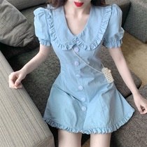 Small doll collar dress female bubble sleeves French first love sweet Hepburn style small fresh short summer