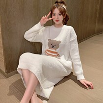 GP cartoon bear cute nightgown women winter long sleeve plus velvet soft pregnant women long skirt round neck pajamas women small