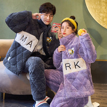 Couples pajamas womens winter thickened plus velvet warm coral velvet three-layer cotton mens zipper home suit