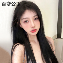Real hair wig female summer long hair lolita Japanese white sweet full headgear black long straight middle bangs long straight hair