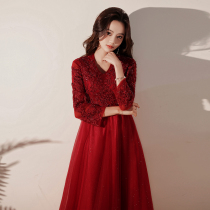 High-end bride size fat mm winter 2021 New pregnant woman temperament engagement wine red evening dress women