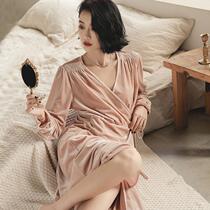 2022 new pajamas women spring and autumn sexy net red v-neck long sleeve home clothing Korean velvet nightgown autumn (10