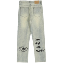 American Ins Retro Yellow Clay Dyeing Washed High Street Jeans Male Tide Cards Hiphop Printed Straight Cylinder Casual Long Pants