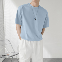 Light cooked wind round neck T-shirt mens solid color base shirt Short-sleeved T-shirt mens heavy loose summer high-end sense top
