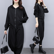 Fat sister casual fashion set women loose age thin size women short coat two-piece women spring and autumn clothes