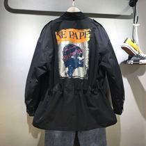 Trench coat women 2021 Spring and Autumn Korean version of loose back print waist student small man long tooling coat tide