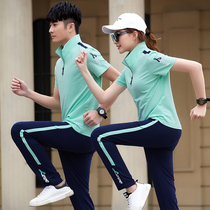 Couple sports suit for men and women in the same summer fashion standings casual running suit short sleeve long pants pure cotton two-piece set