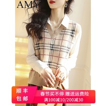 2022 spring new Korean version of V-neck checkerboard loose waistcoat short folded sleeveless waistcoat sweater vest women