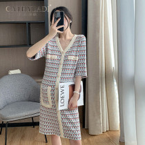 CATHYLADI maternity dress summer thin ice silk knit skirt tide mother thin temperament V-neck small fragrant dress