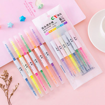 Korean creative double-headed two-color highlighter 6 packs Student key sentence marker Color oblique-headed marker pen