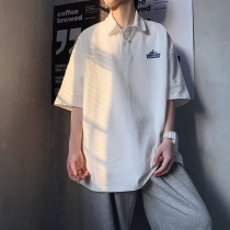 Summer polo shirt mens Harajuku fashion brand ins short-sleeved t-shirt pure cotton trend loose Japanese casual five-and-a-half sleeves