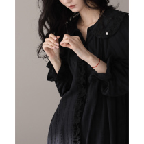 Manteshua woven pure cotton pyjamas spring and autumn ladies fashion can be outside wearing black loose sleeping dress striped cardiovert clothes