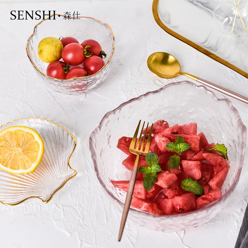Nordic Golden Penh Hammered Glass Salad Bowl Irregular Glass Bowl Creative Transparent Dessert Bowl for Vegetables and Fruits