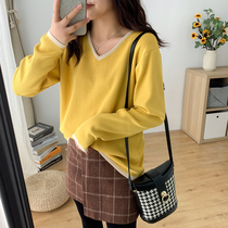 Large size womens autumn and winter New lazy knitwear 200kg fat sister age reduction V collar slim base shirt sweater