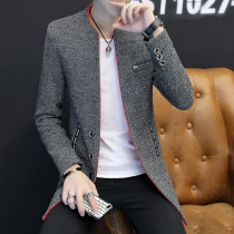 Autumn and winter long woolen coat men plus velvet casual Korean handsome trend suit jacket mens windbreaker slim