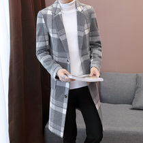 2021 new autumn and winter long windbreaker men Korean trend casual jacket plus velvet plaid wool coat