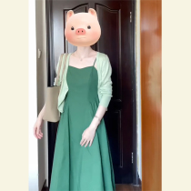 Fall 2022 new French orange terrier slip skirt two-piece set chic unique long sleeve green dress woman
