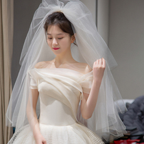 (Cloud ballad)Sen soft yarn double Korean bridal veil headdress simple certificate short section puffy plain yarn white