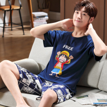 Pajamas mens summer cotton thin loose short sleeves set cute cartoon plus size teen school homewear