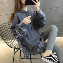 Casual maternity sweater spring and autumn hooded top stitching Foreign style maternity clothes wear loose Korean version of the late pregnancy coat