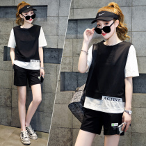 Casual Sports Suit Women 2022 Summer New Thin Pieces Fake two short sleeves T-shirt shorts Fashion Two sets