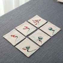 Coaster fabric cotton linen hand-painted square small tea mat pot mat double non-slip insulation mat 6 pieces table flag tea mat