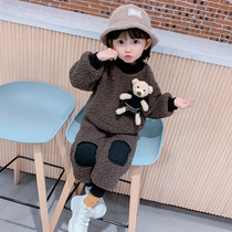 Childrens autumn and winter warm set new girl Korean version of lamb wool sweater female baby plus velvet thickened two-piece set
