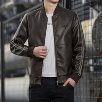 Leather leather jacket mens baseball collar loose short motorcycle clothing sheepskin jacket youth spring and autumn leather jacket trend