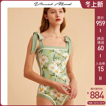 visual mood swimsuit female summer belly thin new high-end niche retro double-sided print one-piece swimsuit