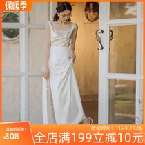 Super fairy French light Wedding Dress White simple temperament elegant satin outing sexy backless sling evening dress women