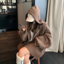 Lazy wind hooded twist sweater womens autumn and winter loose outside long Curry knit cardigan coat thick coat