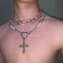 TUidely original rhinestone cross pendant custom love ring pearl chain necklace for men and women with y2k