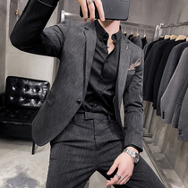  Fried street dark striped suit mens high-end dress suit casual plus size Korean slim fat jacket Ruffian handsome suit