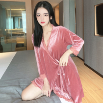 Pink gold velvet pajamas Fall Winter Womens Small Stature Short Nightgown Sexy Long Sleeves Thin Nightdress Tie Bathrobe