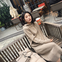 Hooded sweater dress long over-the-knee first love dress Vintage loose sweater dress Autumn and winter base long sleeve knitted dress