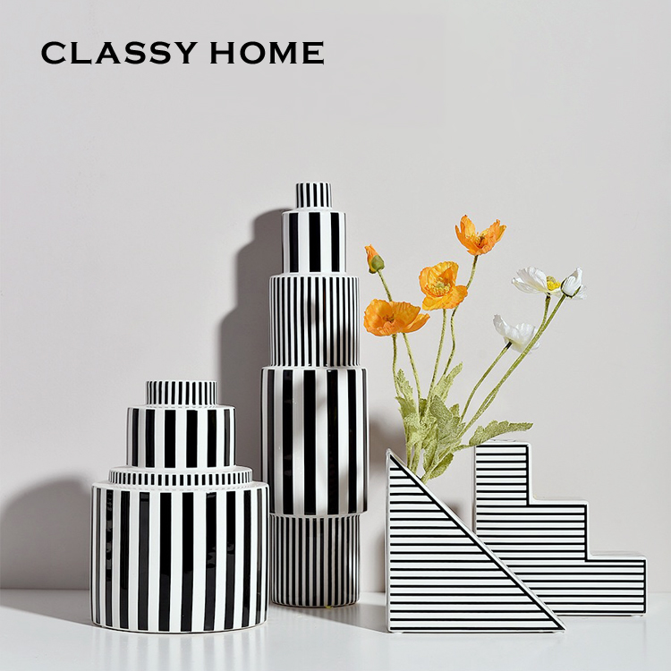 Nordic modern architecture abstract simple black and white striped ceramic vase model room creative geometric decorative ornaments