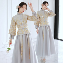 Chinese bridesmaid women 2021 new gray winter wedding sister Group dress warm thick long sleeve