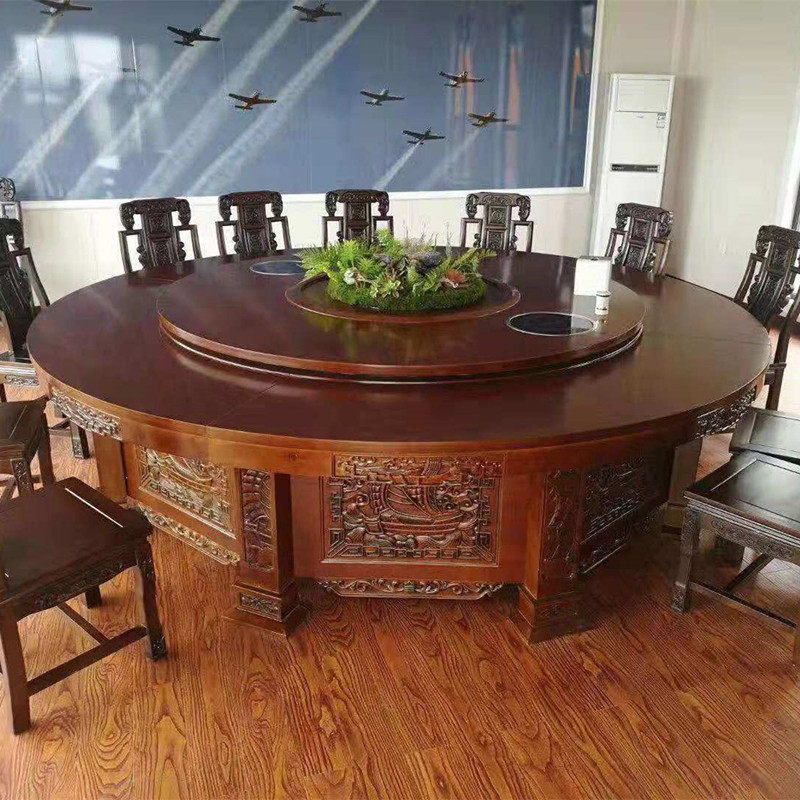 Hotel box 3 meters solid wood automatic turntable Chinese oak carved electric 20 people hotel large round table table and chair