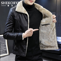 Leather leather clothing men Spring and Autumn Winter plus velvet thick cotton clothes Korean leather wool one lamb jacket coat
