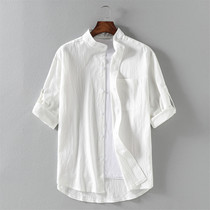 Mens linen short-sleeved shirt Summer linen youth summer clothes Loose casual cotton linen shirt Mens top clothes