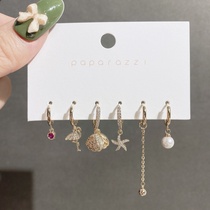  Micro-inlaid zircon tassel ear buckle set earrings female design sense flamingo starfish shell earrings pearl earrings