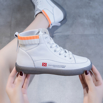  Tide brand leather high-top white shoes womens 2021 autumn new all-match explosion soft-soled flat-bottomed large size casual womens shoes