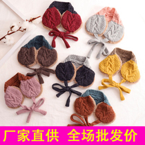 2019 new childrens warm knitted earcups Korean version of the male and female childrens lace-up collar thickened wool color set neck