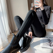 Black leggings womens autumn wear high waist stitching tight skinny pants plus velvet slim small small black pants spring and autumn