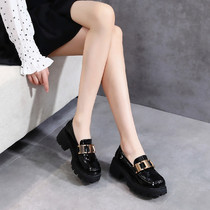 Black English style small leather shoes womens spring and autumn 2021 New Square head single shoes leather thick soled shoes children
